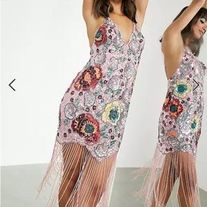 ASOS EDITION pink floral embellished fringe dress